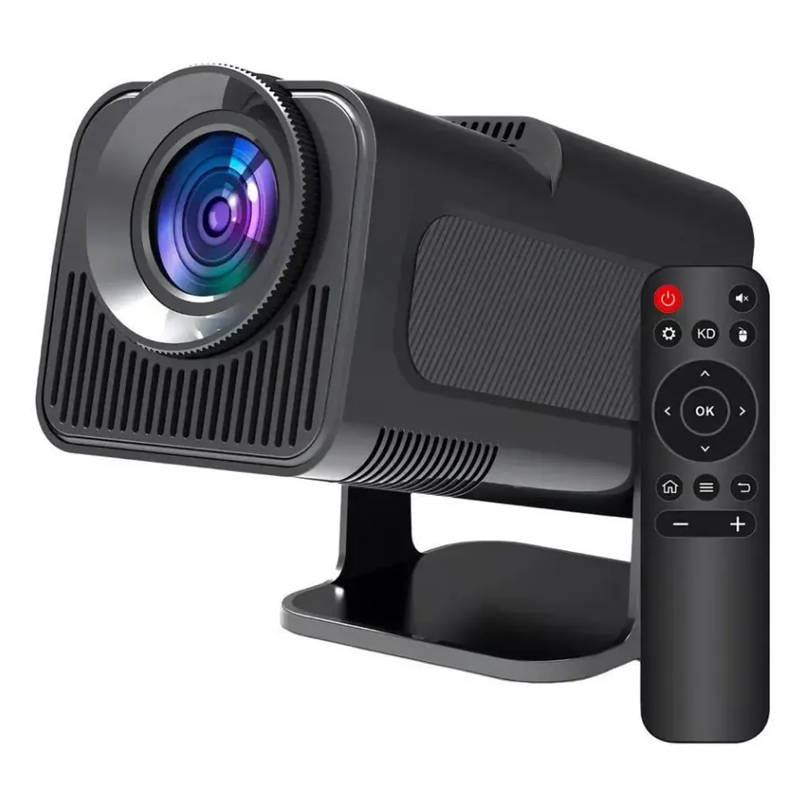 Projetor HY320 acompanhado de controle remoto