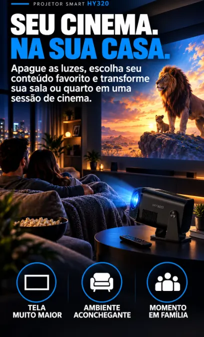 Seu cinema, na sua casa. Apague as luzes, escolha seu conteúdo favorito e transforme sua sala ou quarto em uma sessão de cinema. Tela muito maior, ambiente aconchegante, momento em família